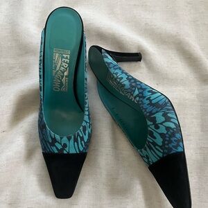 Rare Y2K Salvatore Ferragamo Blue and Black Butterfly Mule Heels